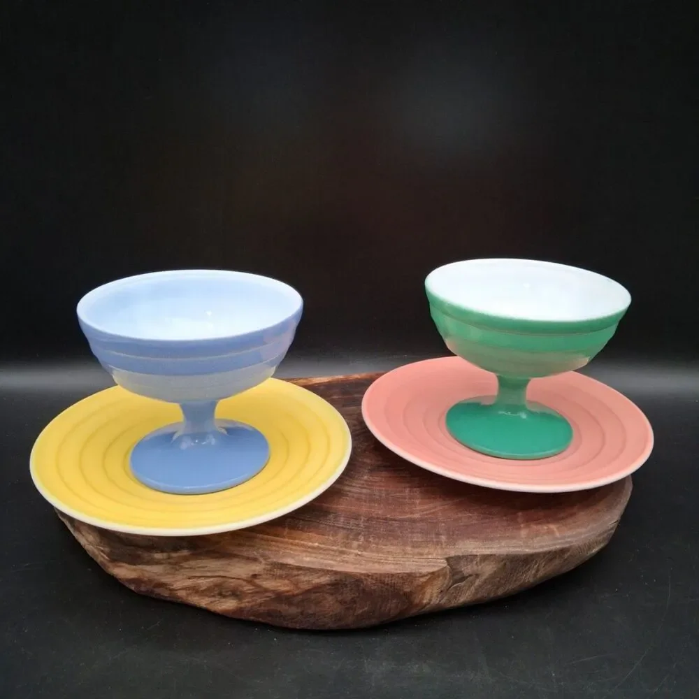 Vtg Hazel Atlas Moderntone Platonite 4pc Pastel Mixed Set Blue Green Yellow Pink